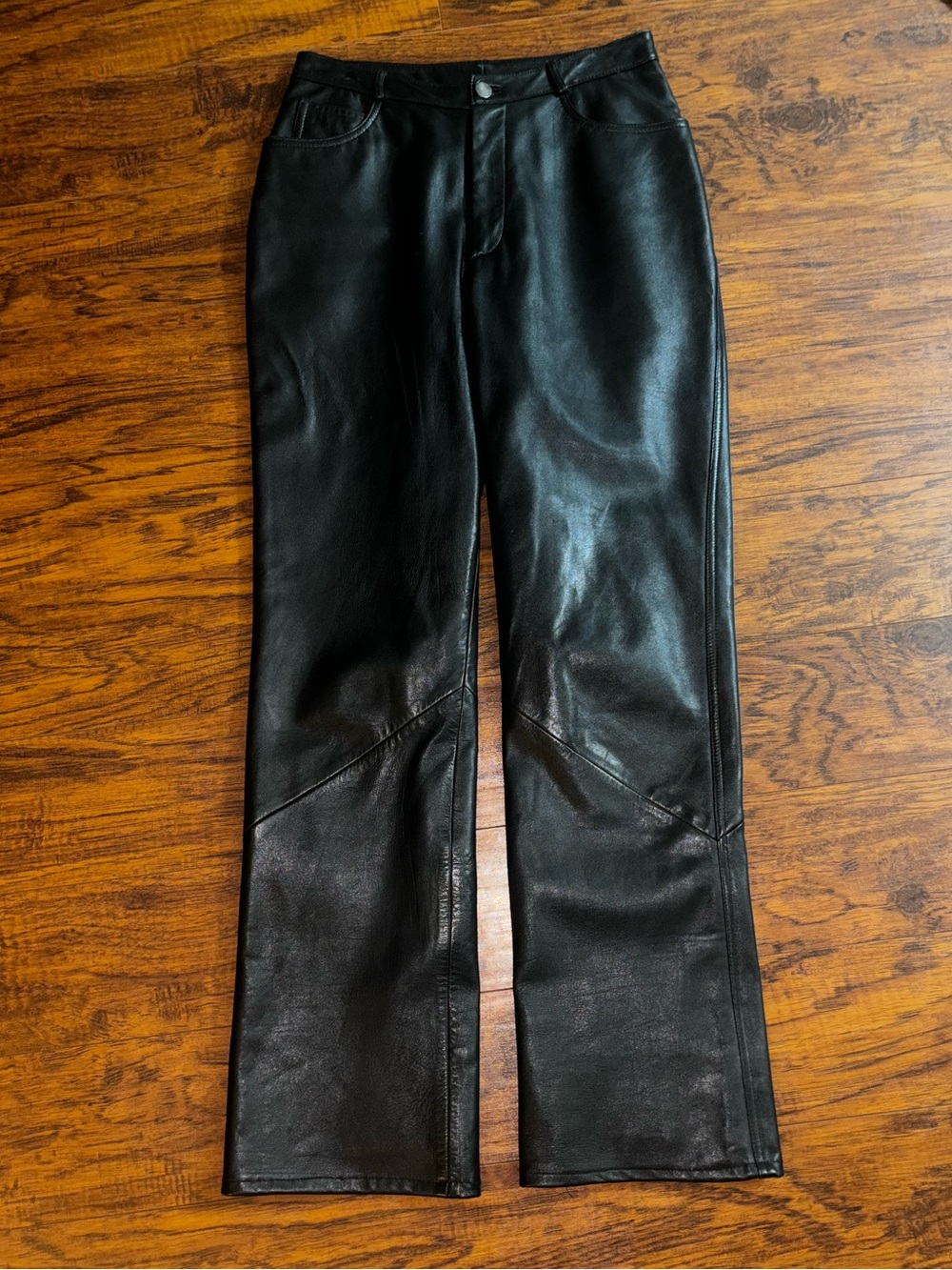 Vakko Sport 100% Genuine Leather Vintage Black Pants 100% Satin Lining Wide Leg